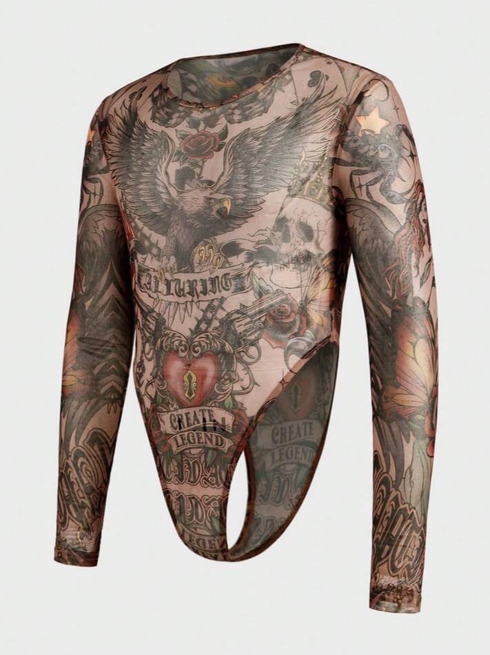 BONGA-BOYS Men's Tight Fitting Long sleeve Printed Bodysuit